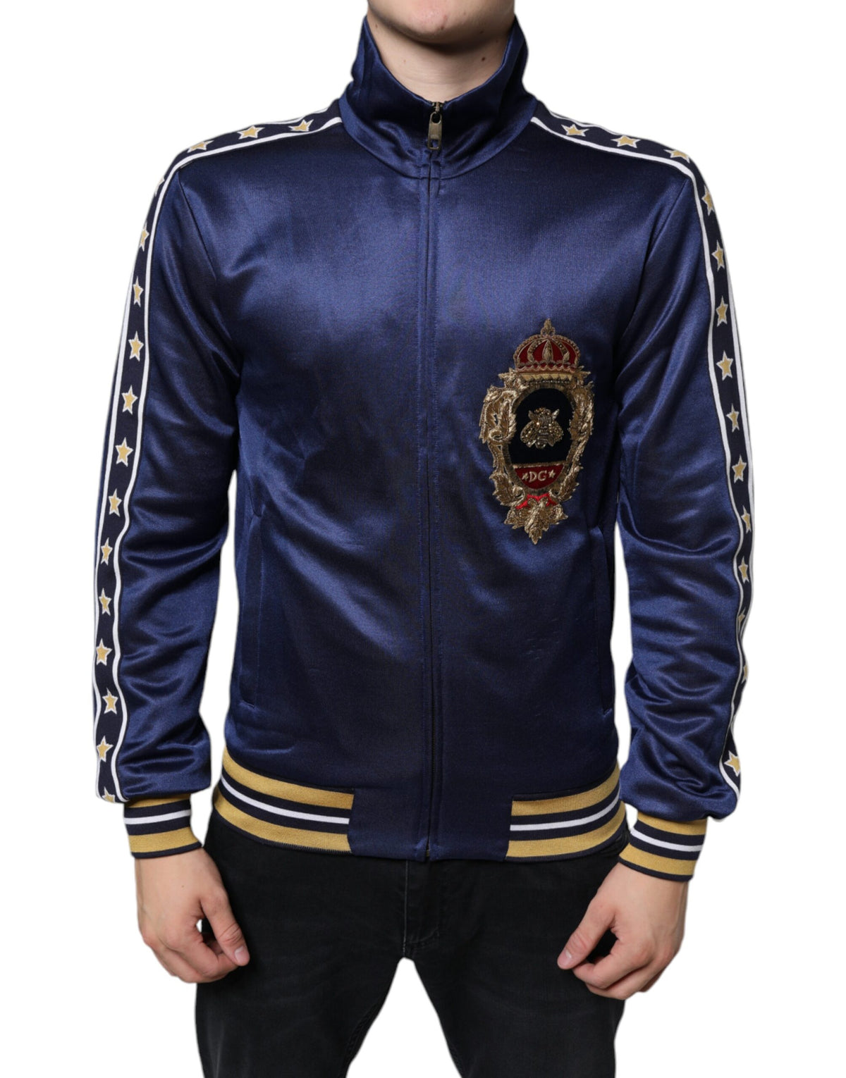 Pull rayé à patchs héraldiques et abeille dorée bleu de Dolce &amp; Gabbana