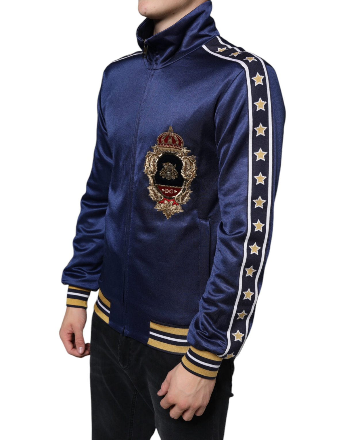 Pull rayé à patchs héraldiques et abeille dorée bleu de Dolce &amp; Gabbana