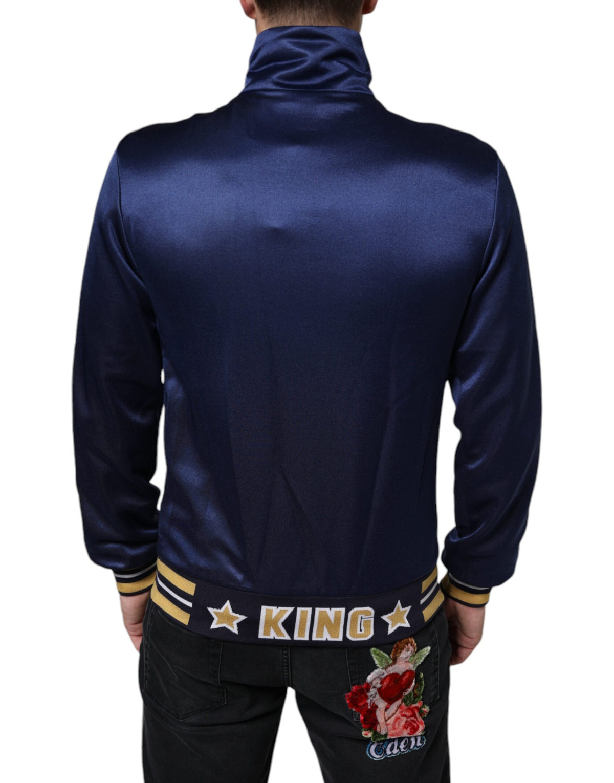 Pull rayé à patchs héraldiques et abeille dorée bleu de Dolce &amp; Gabbana