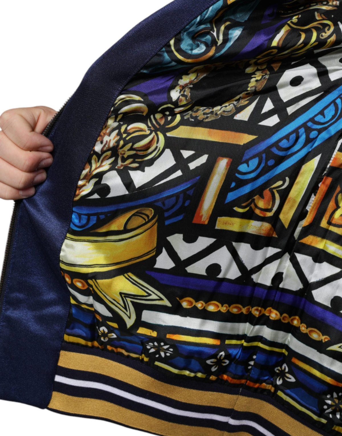 Pull rayé à patchs héraldiques et abeille dorée bleu de Dolce &amp; Gabbana