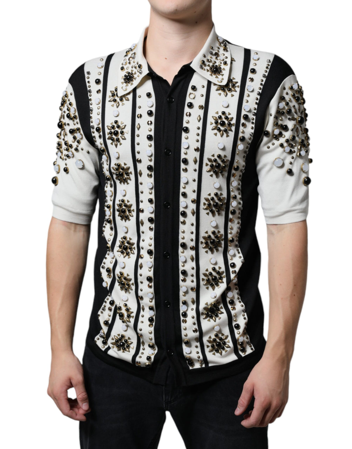 Chemise en soie blanche et noire Dolce &amp; Gabbana, ornements de pierres et cristaux.