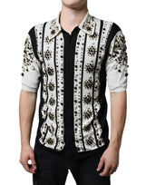 Chemise en soie blanche et noire Dolce &amp; Gabbana, ornements de pierres et cristaux.