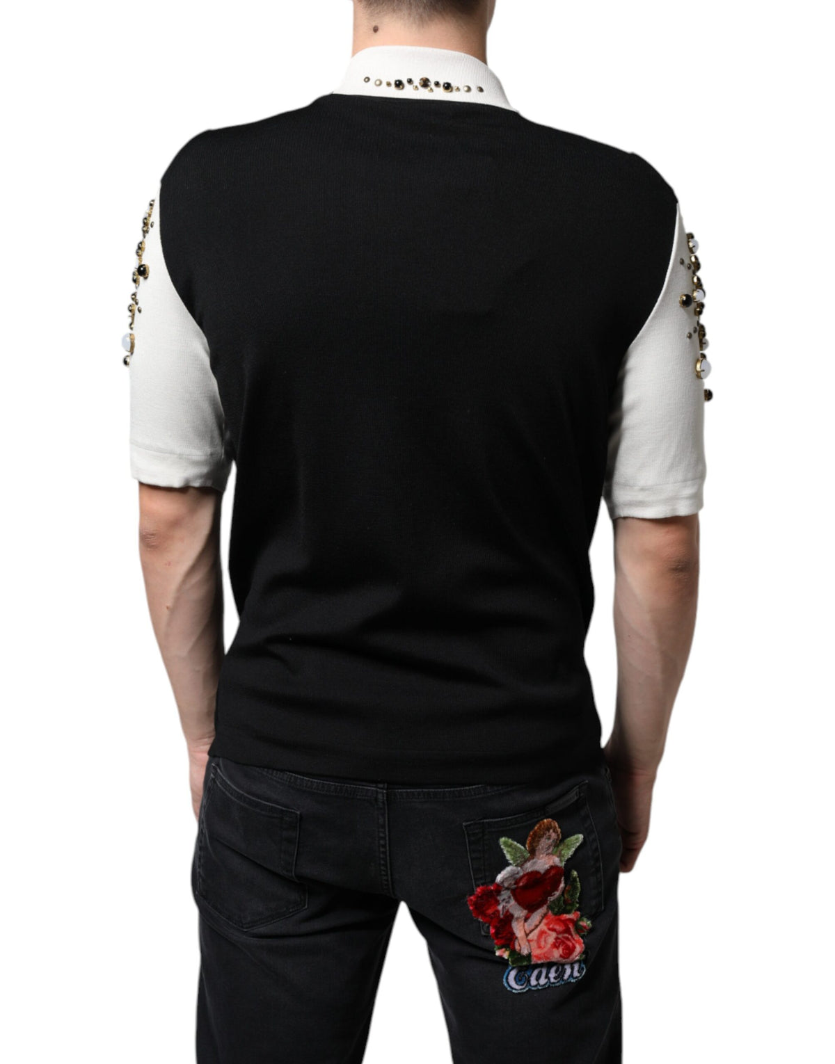Chemise en soie blanche et noire Dolce &amp; Gabbana, ornements de pierres et cristaux.