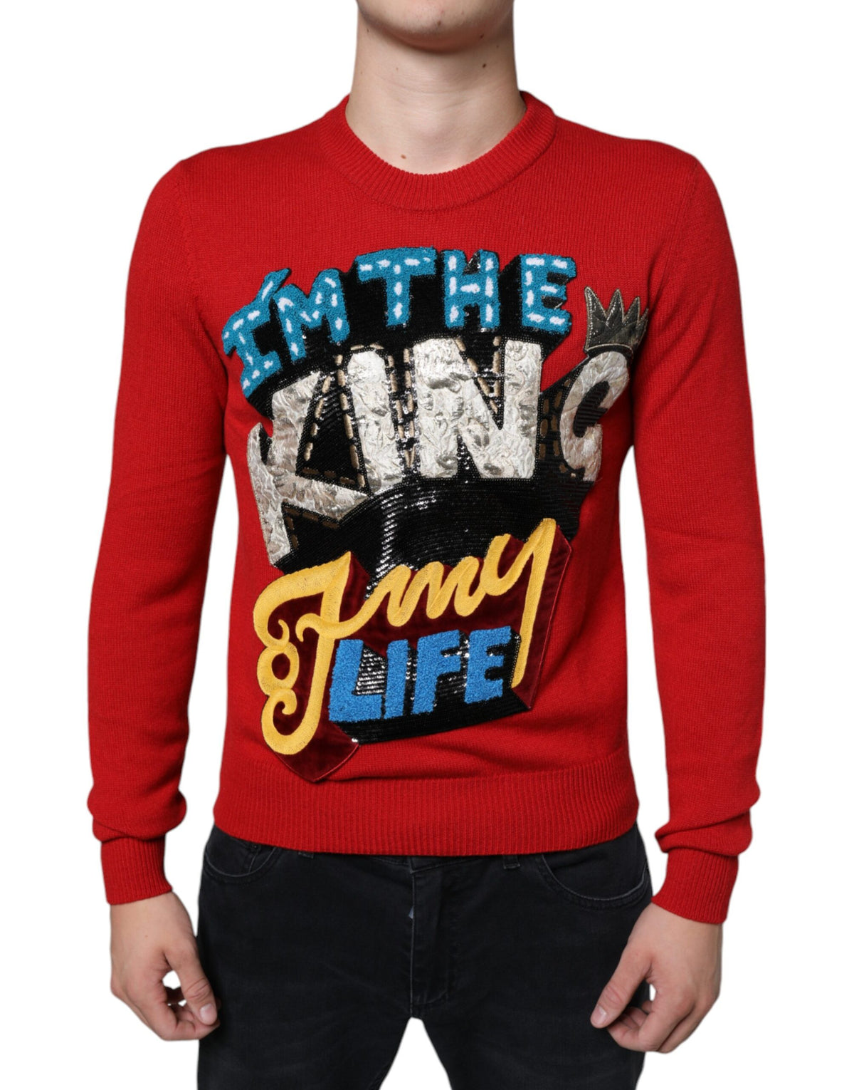 Pull en laine à col rond rouge Dolce &amp; Gabbana "I'm The King"