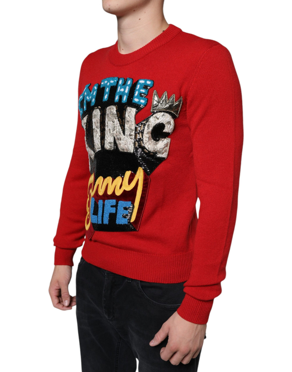 Pull en laine à col rond rouge Dolce &amp; Gabbana "I'm The King"