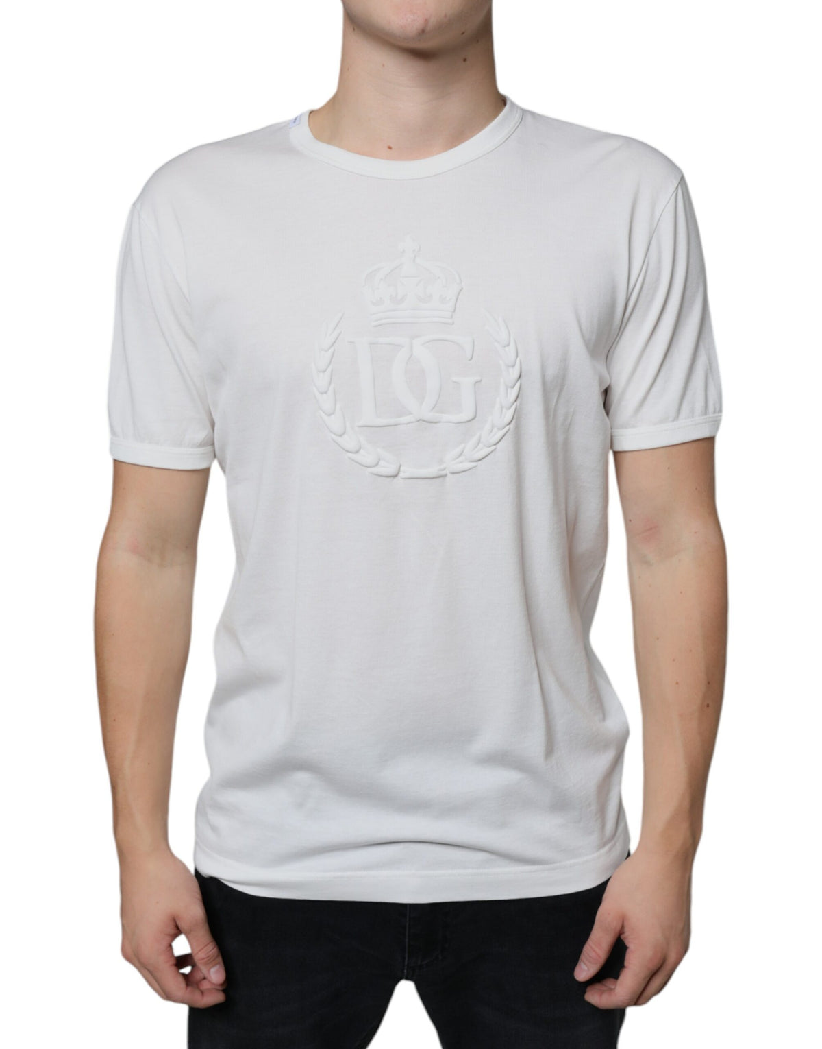T-shirt en coton à col rond blanc avec logo en relief de Dolce &amp; Gabbana