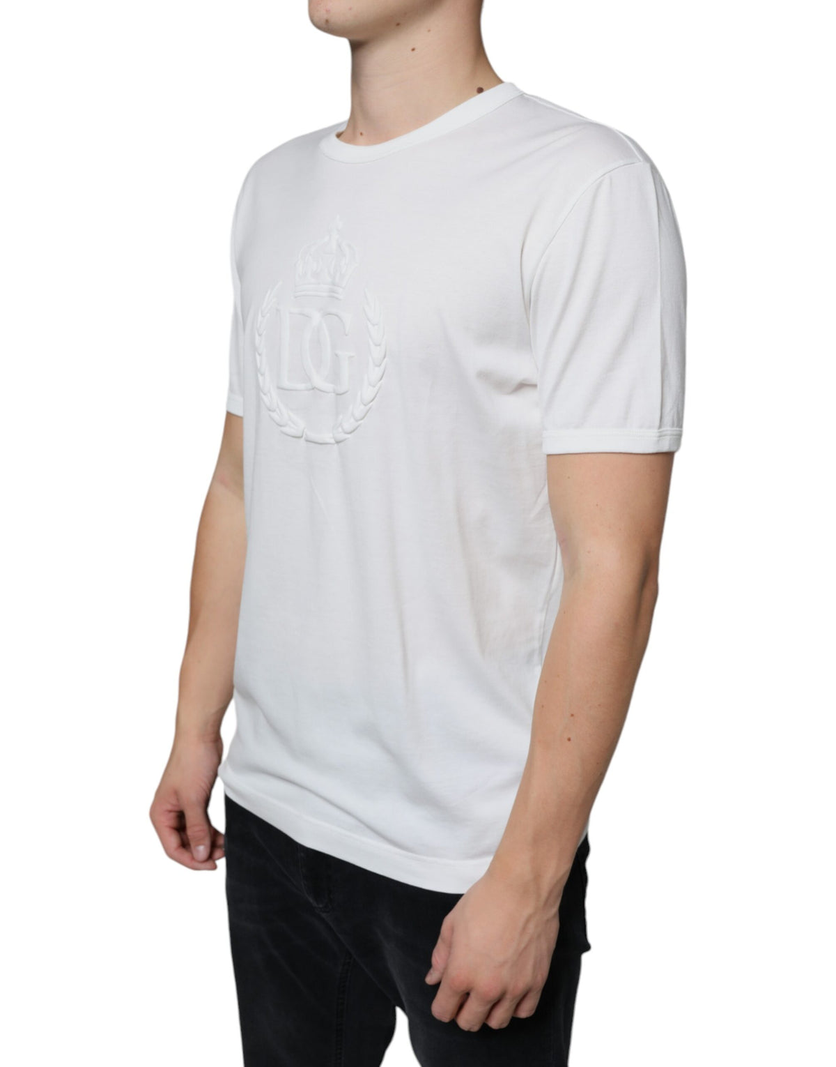 T-shirt en coton à col rond blanc avec logo en relief de Dolce &amp; Gabbana