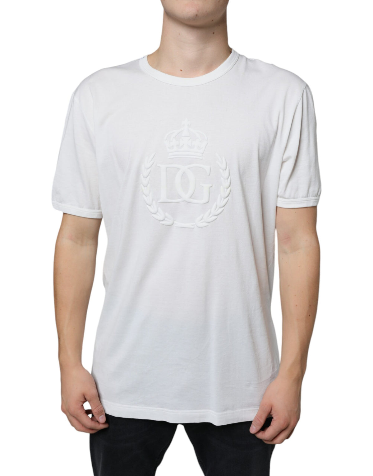 T-shirt en coton à col rond blanc avec logo en relief de Dolce &amp; Gabbana