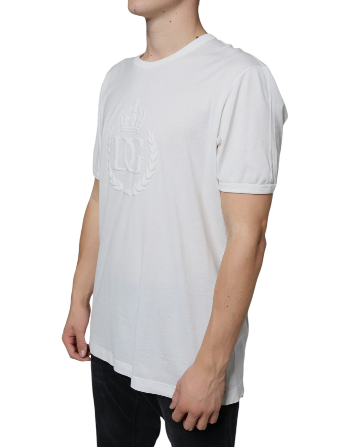 T-shirt en coton à col rond blanc avec logo en relief de Dolce &amp; Gabbana