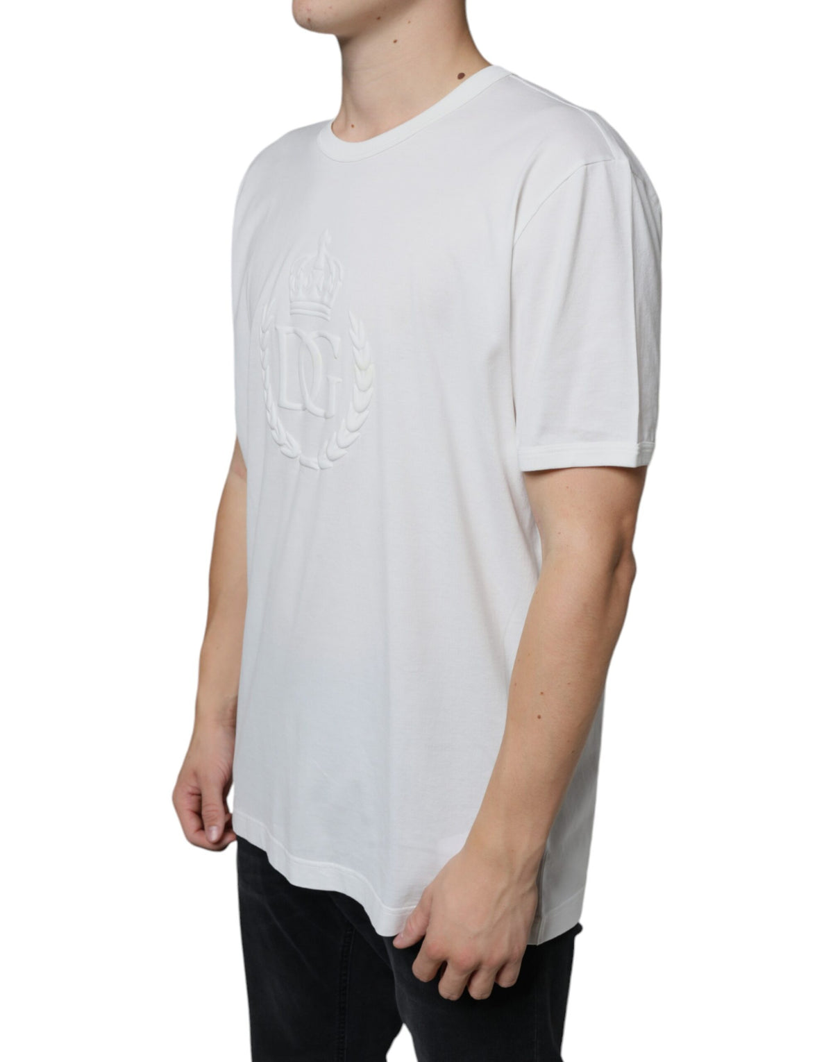 T-shirt en coton à col rond blanc avec logo en relief de Dolce &amp; Gabbana