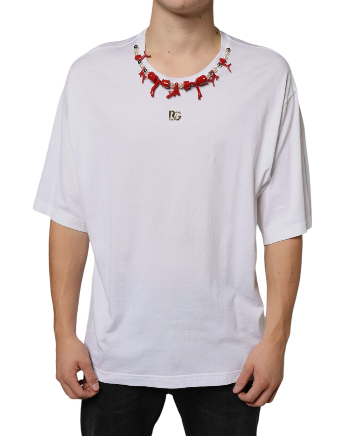 T-shirt blanc en coton Dolce &amp; Gabbana orné de colliers