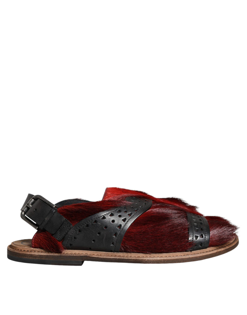 Dolce & Gabbana Black and Red Gazelle Hair Leather Sandals