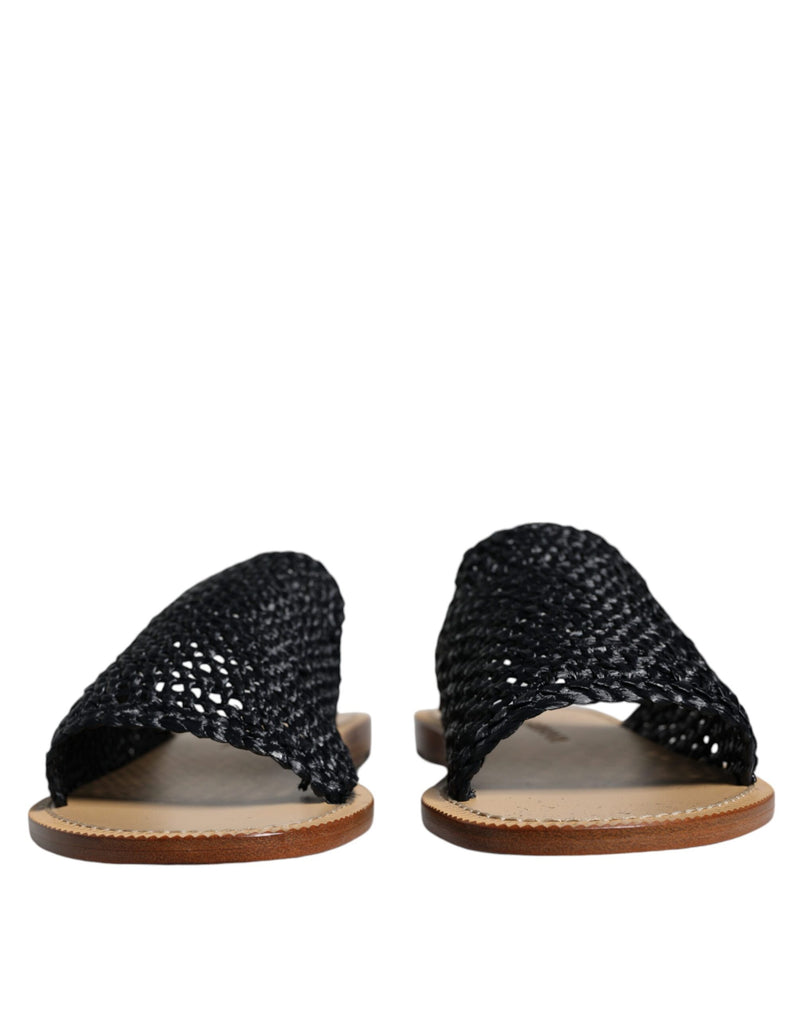 Dolce & Gabbana Black Monochrome Braided Raffia Slides