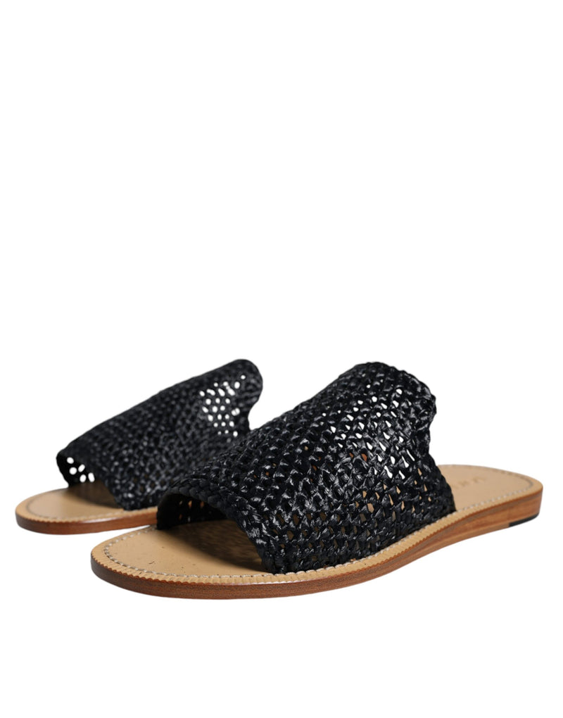 Dolce & Gabbana Black Monochrome Braided Raffia Slides