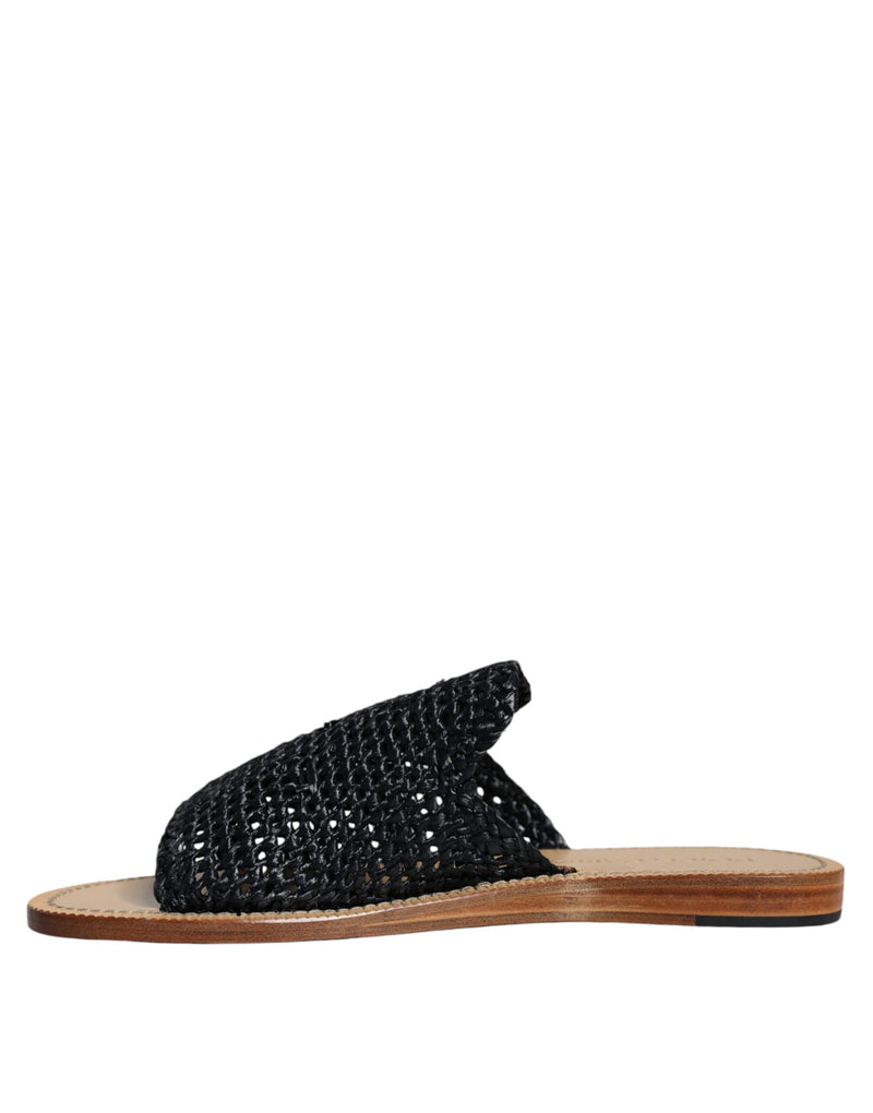 Dolce & Gabbana Black Monochrome Braided Raffia Slides