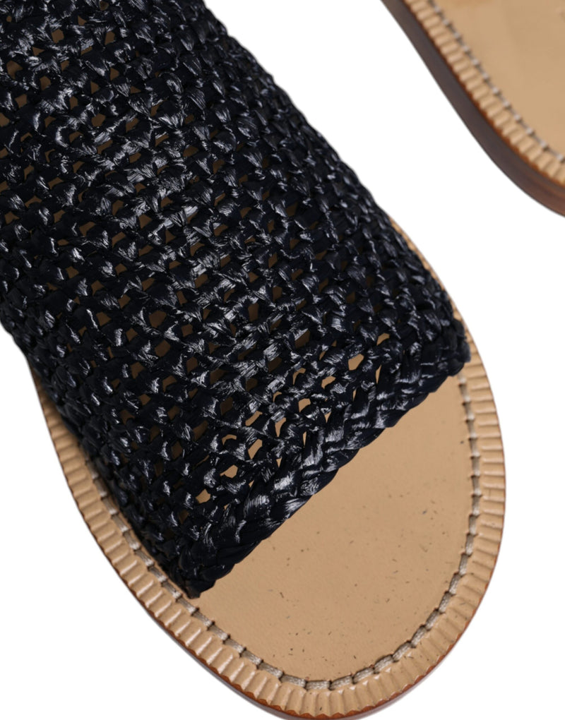 Dolce & Gabbana Black Monochrome Braided Raffia Slides