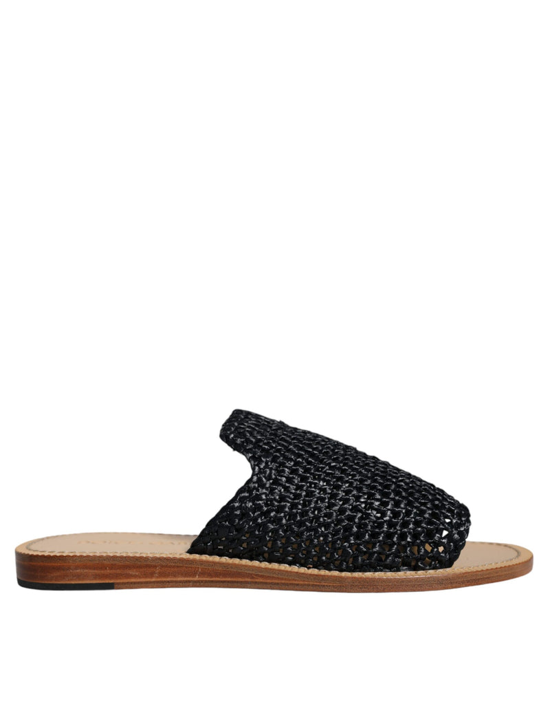 Dolce & Gabbana Black Monochrome Braided Raffia Slides