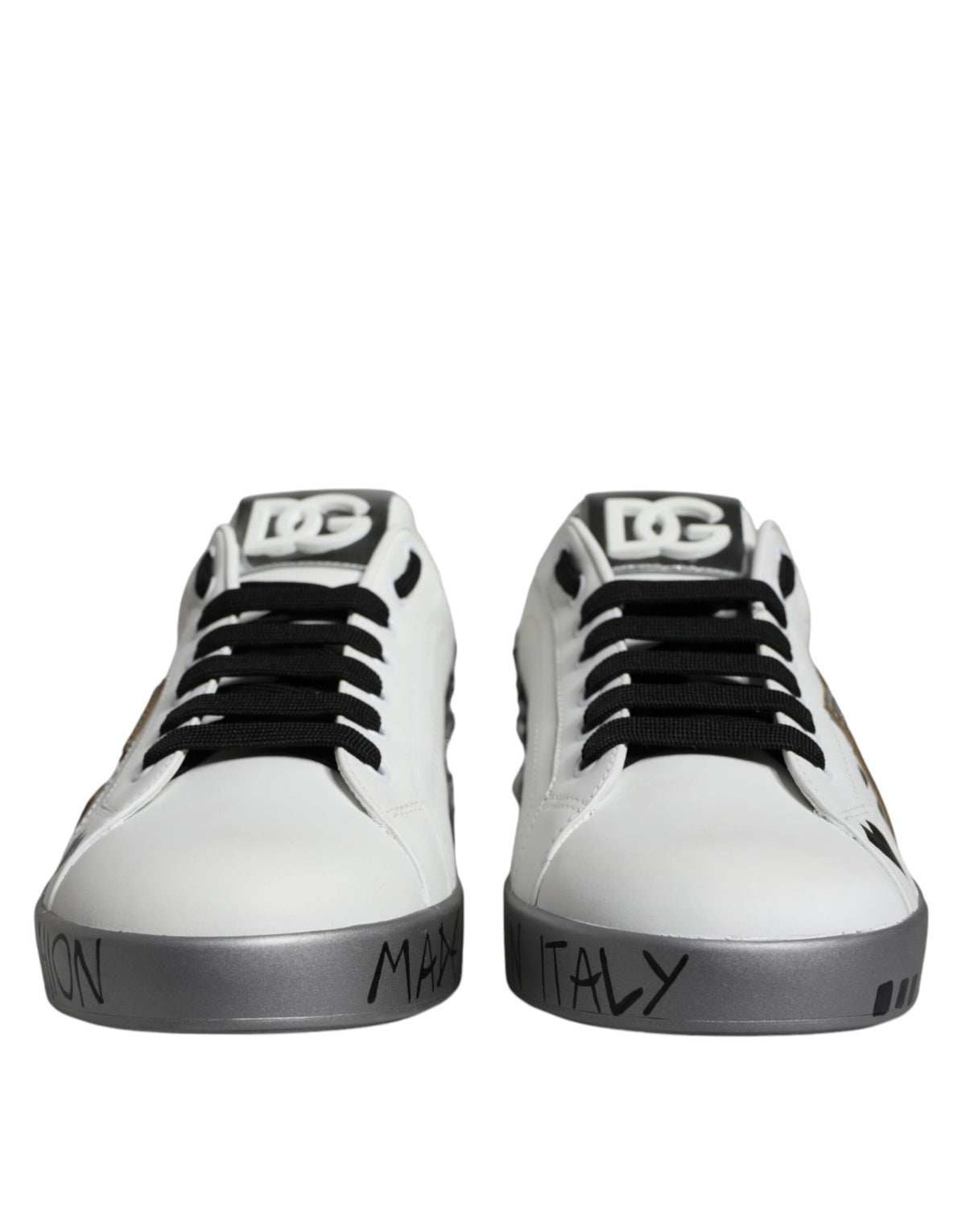 Dolce & Gabbana Portofino Sneakers en Cuir Blanc et Argent