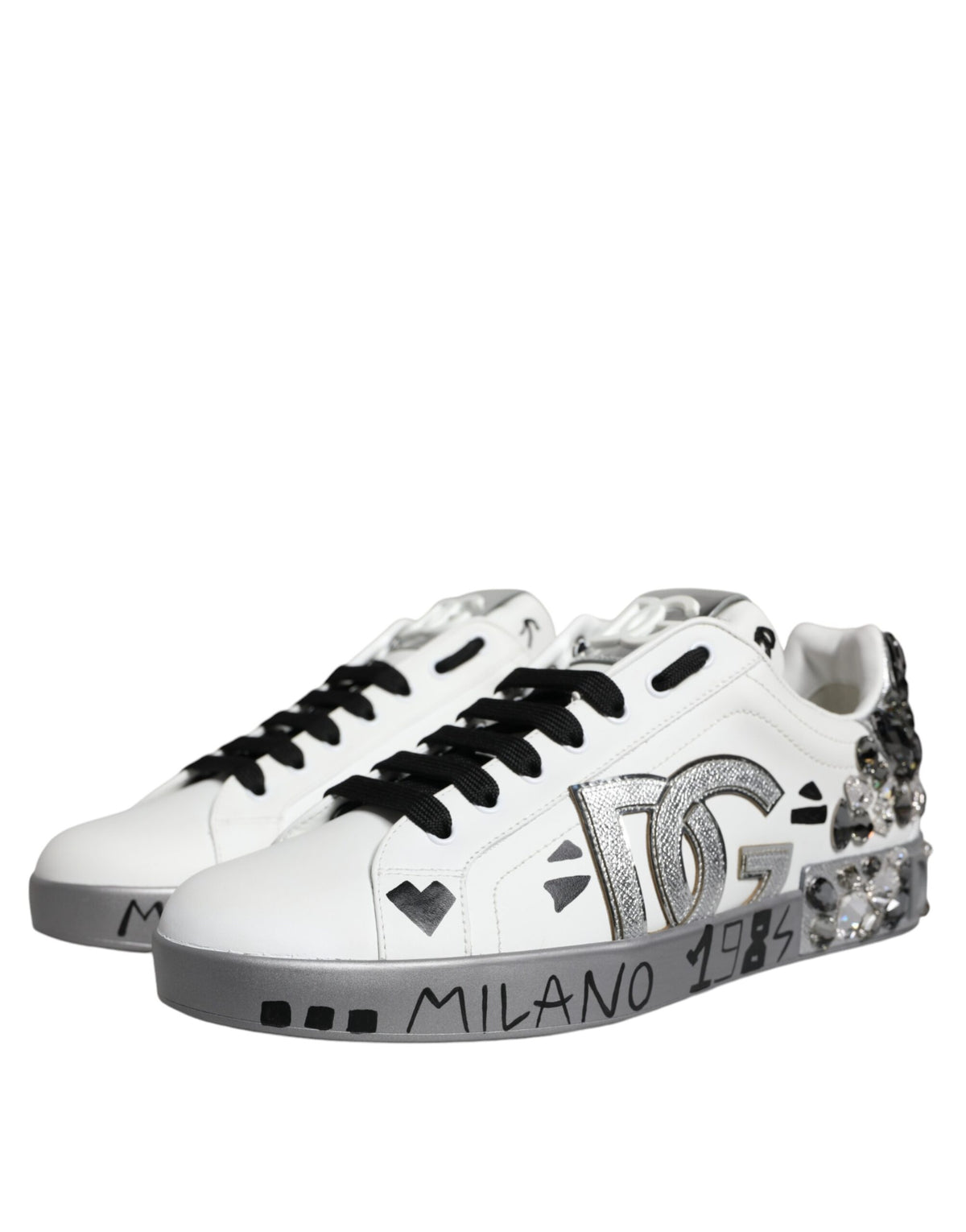 Dolce & Gabbana Portofino Sneakers en Cuir Blanc et Argent