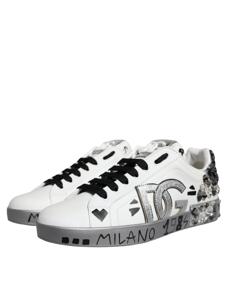 Dolce & Gabbana White Silver Crystal Logo Portofino Sneakers