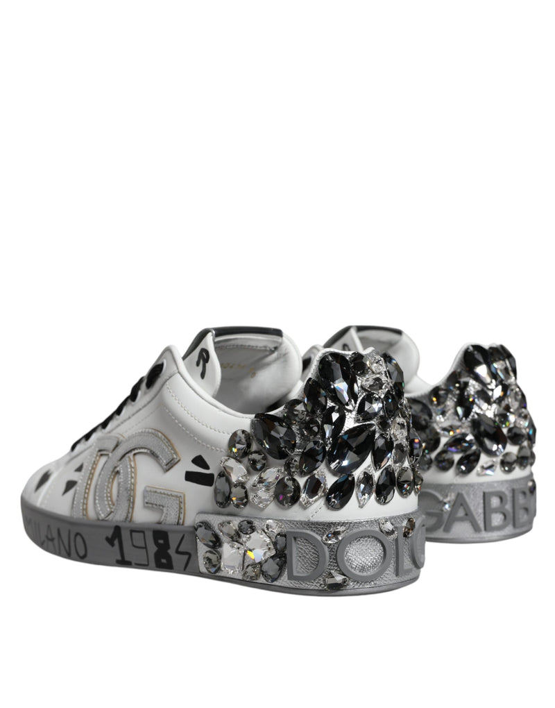 Dolce & Gabbana White Silver Crystal Logo Portofino Sneakers