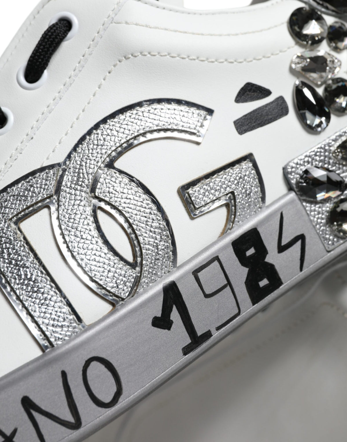 Dolce & Gabbana Portofino Sneakers en Cuir Blanc et Argent