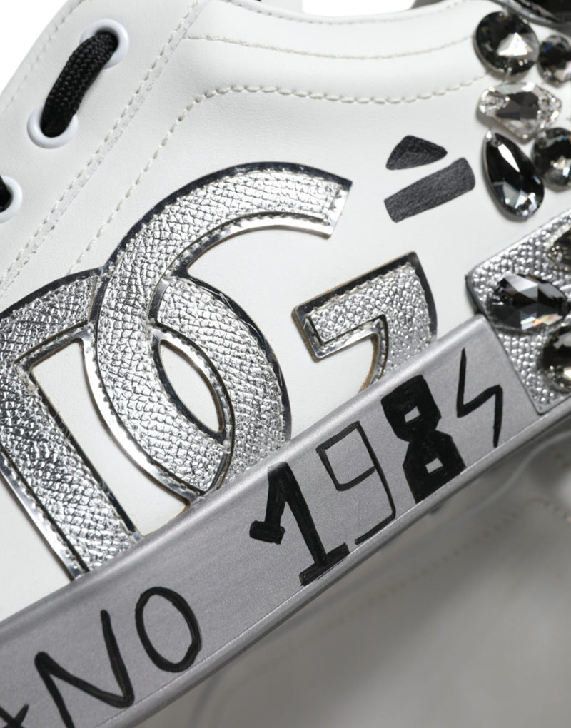 Dolce & Gabbana White Silver Crystal Logo Portofino Sneakers