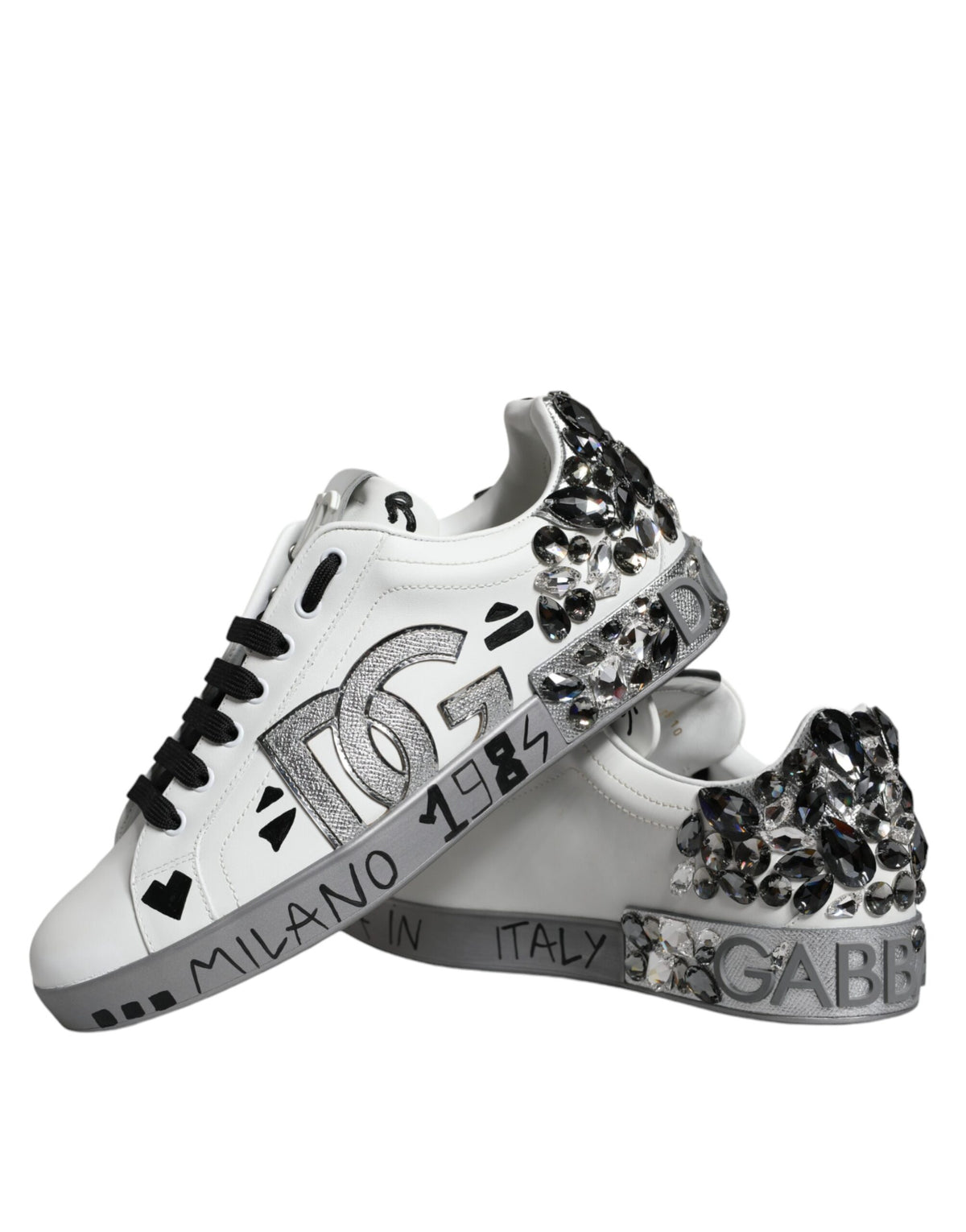 Dolce & Gabbana Portofino Sneakers en Cuir Blanc et Argent
