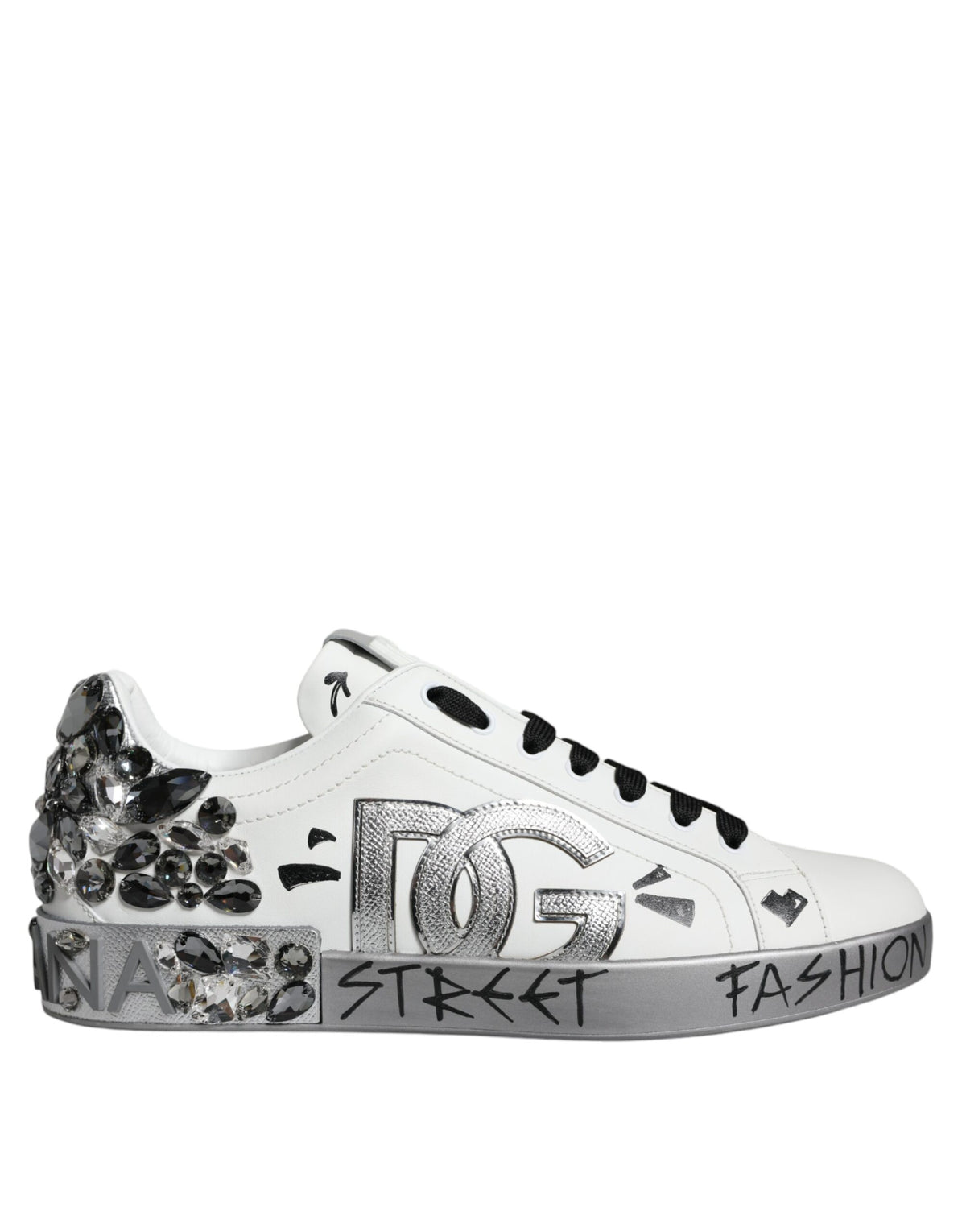 Dolce & Gabbana Portofino Sneakers en Cuir Blanc et Argent