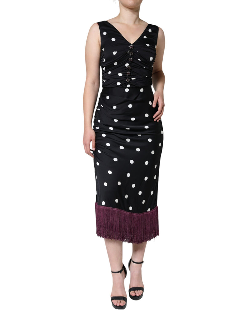 Robe Midi V-neck à Pois en Soie Noire Dolce & Gabbana