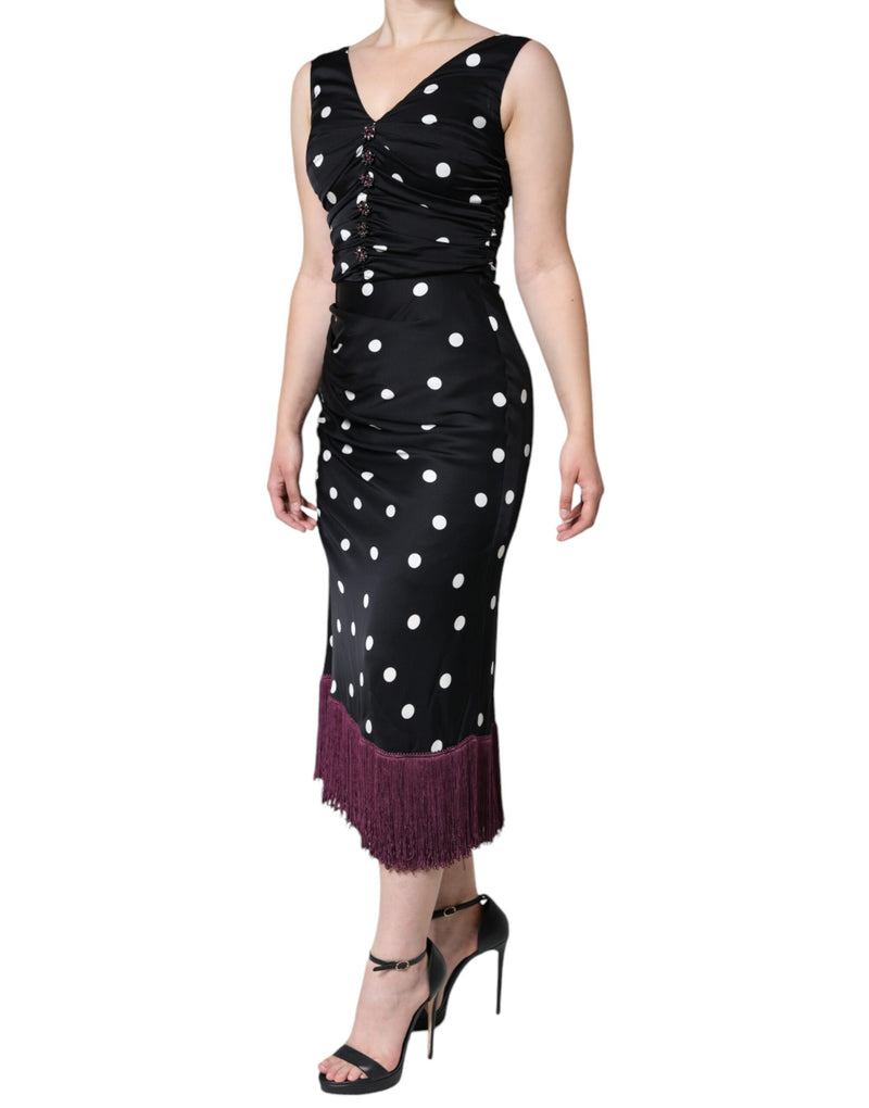 Robe Midi V-neck à Pois en Soie Noire Dolce & Gabbana