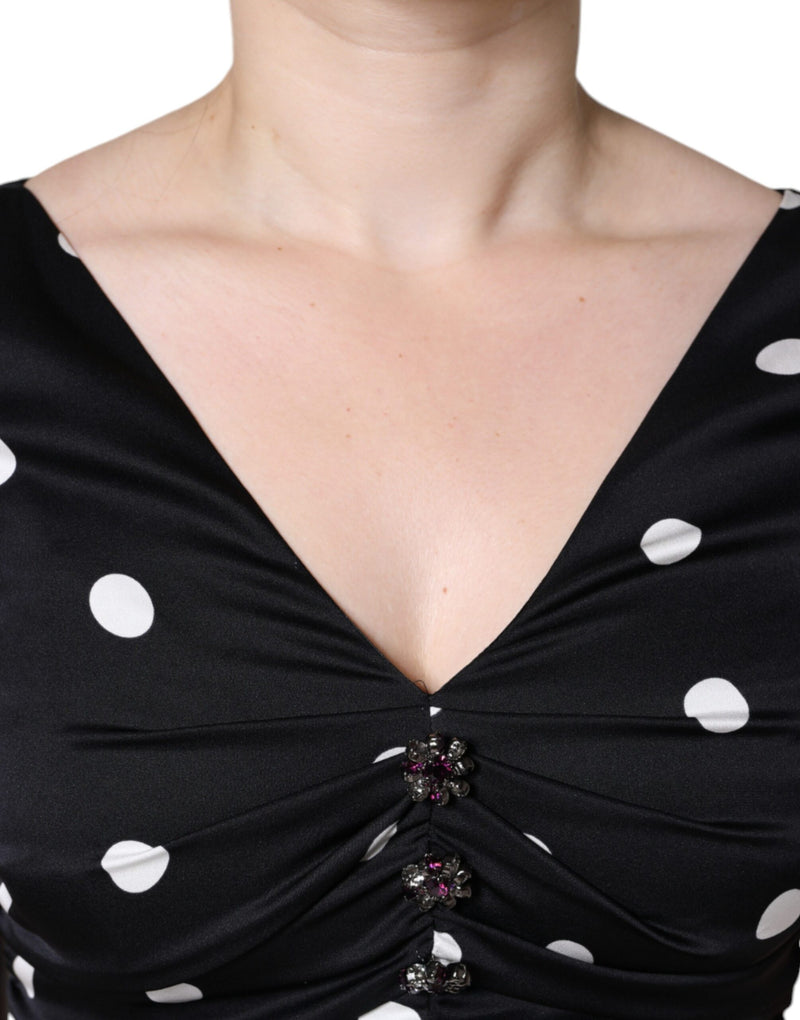 Robe Midi V-neck à Pois en Soie Noire Dolce & Gabbana