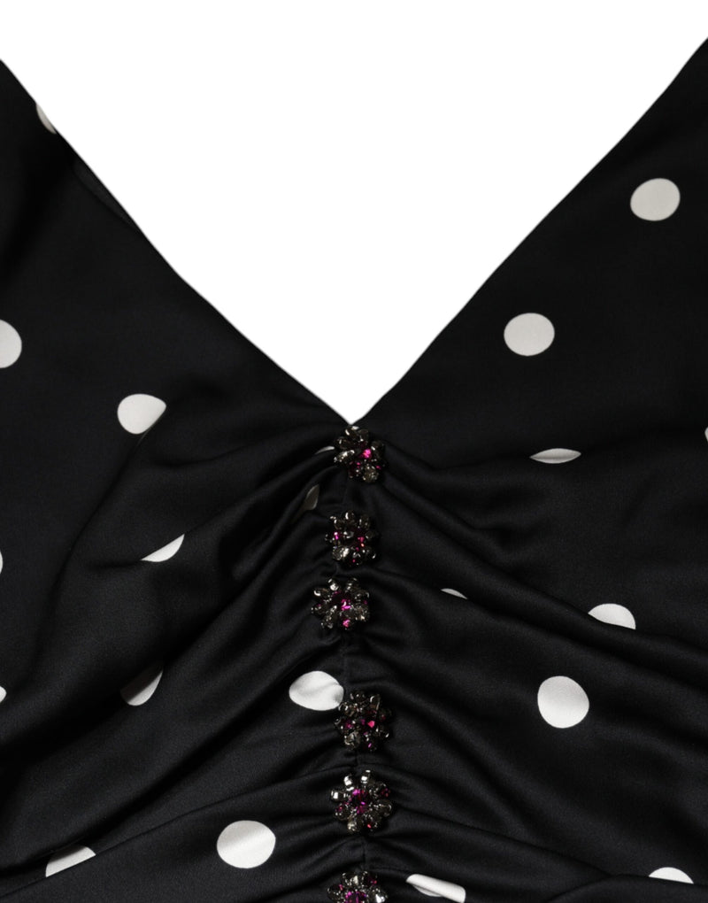 Robe Midi V-neck à Pois en Soie Noire Dolce & Gabbana