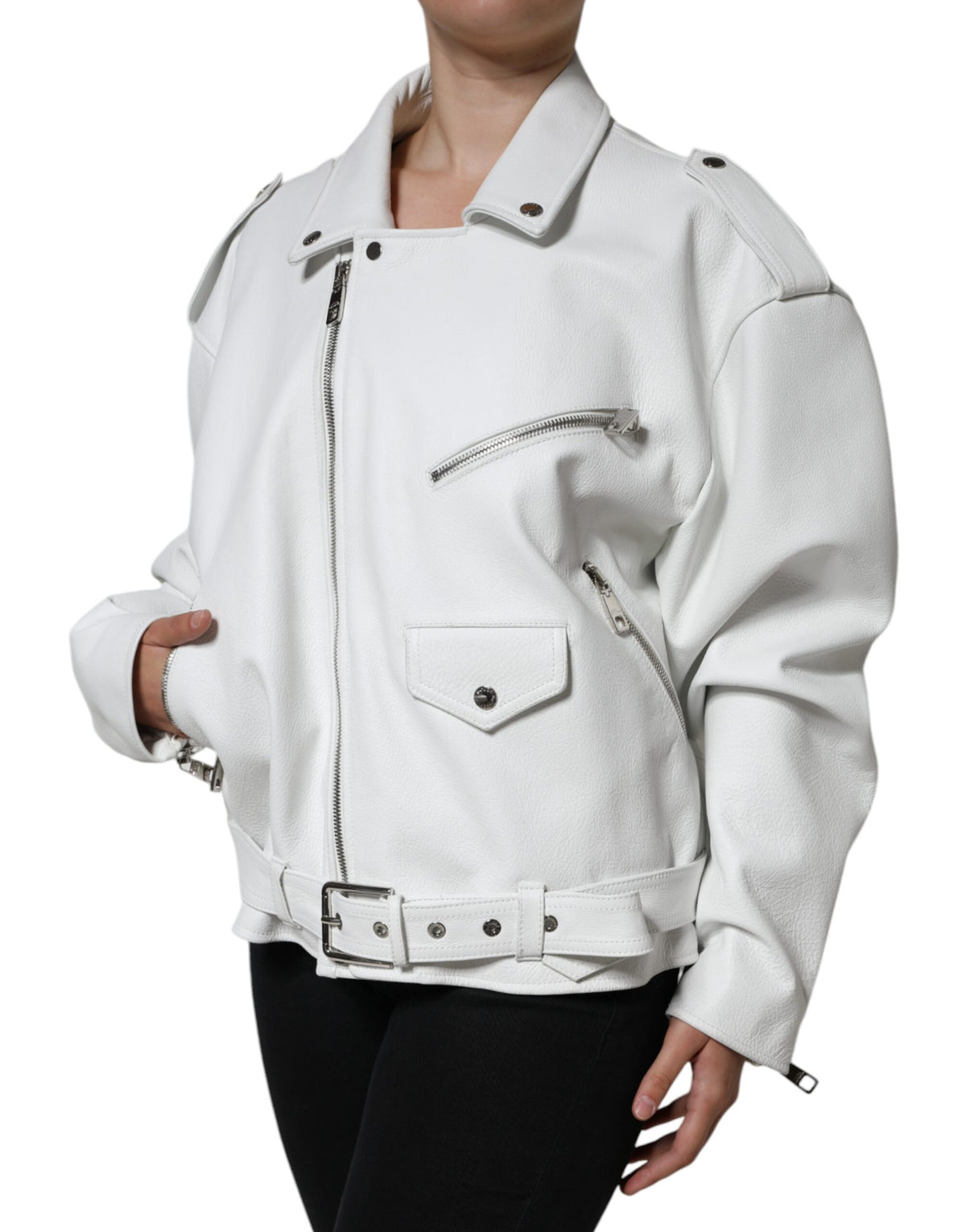 Dolce & Gabbana White Lambskin Leather Biker Jacket