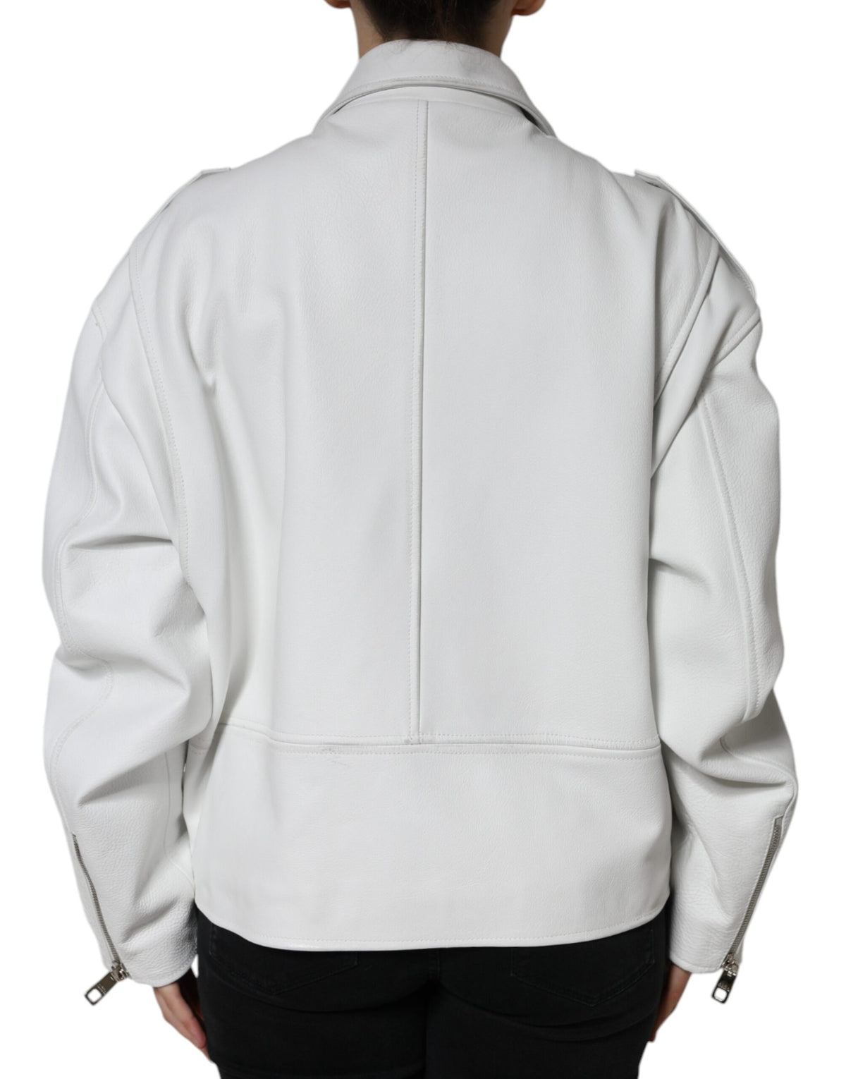Dolce & Gabbana White Lambskin Leather Biker Jacket