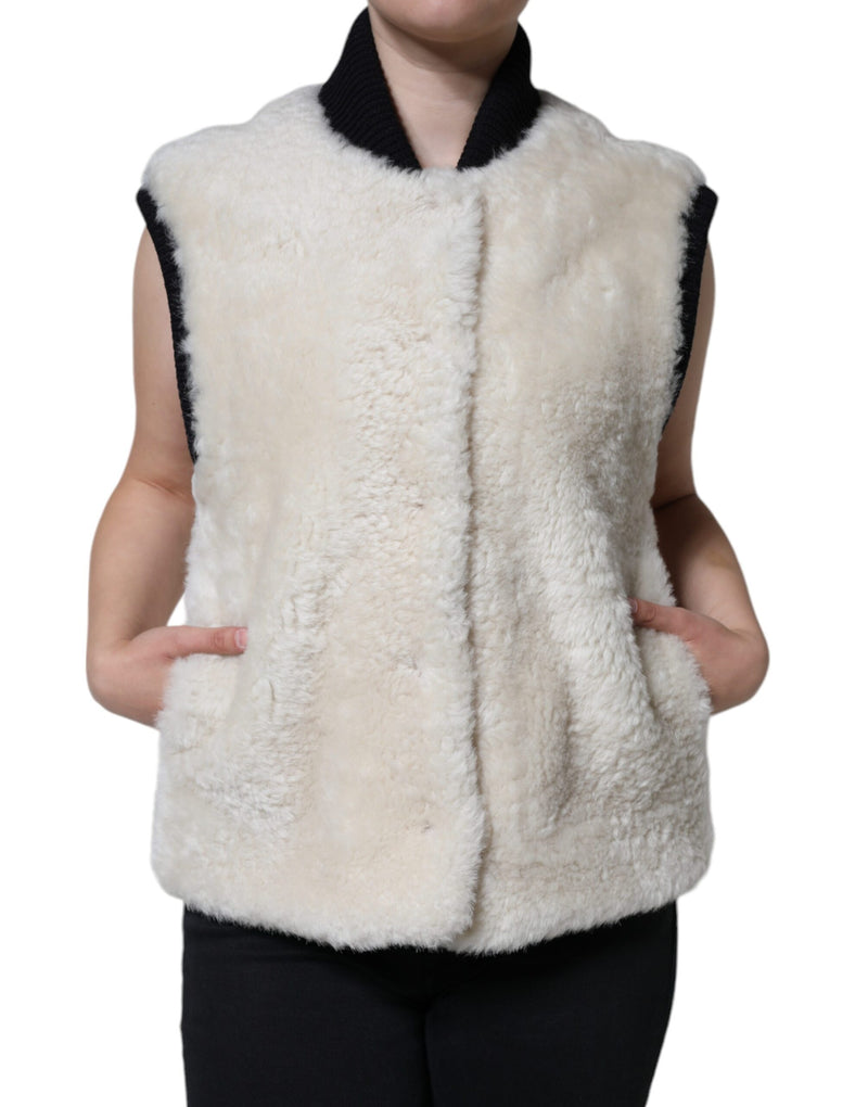 Burberry White WARRENFORD Shearling Leather Vest Jacket