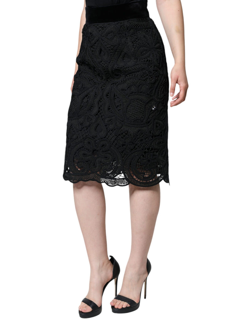 Dolce & Gabbana Jupe Crayon Taille Haute en Dentelle Florale Noire