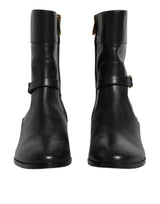 Dolce & Gabbana Black Leather Logo Mid Calf Boots