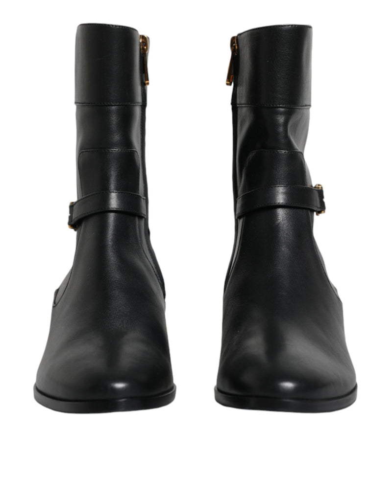Dolce & Gabbana Black Leather Logo Mid Calf Boots