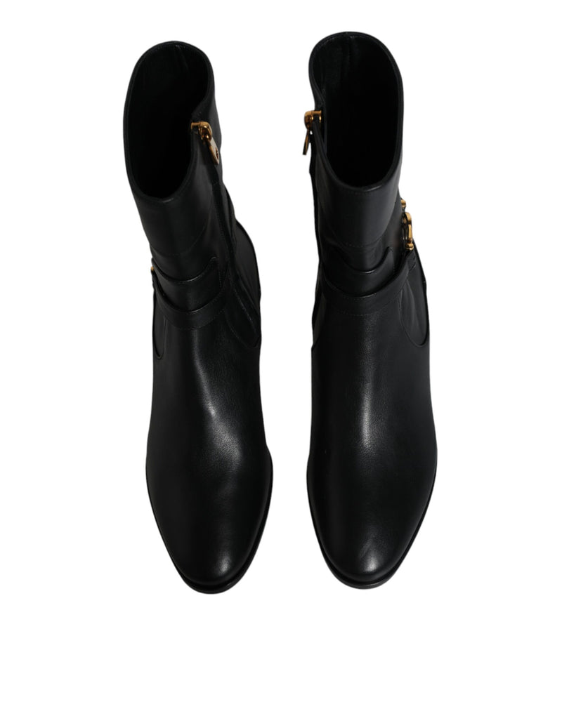 Dolce & Gabbana Black Leather Logo Mid Calf Boots