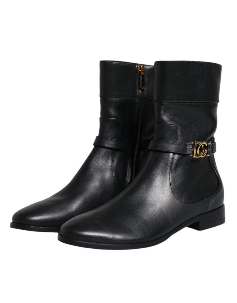 Dolce & Gabbana Black Leather Logo Mid Calf Boots