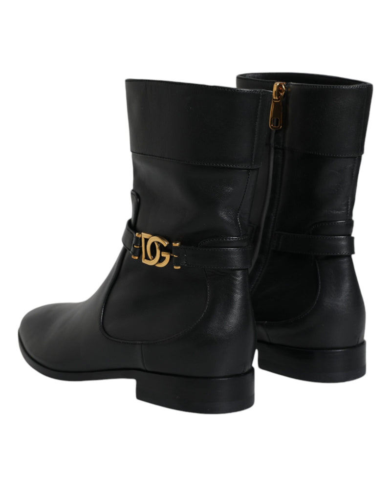 Dolce & Gabbana Black Leather Logo Mid Calf Boots