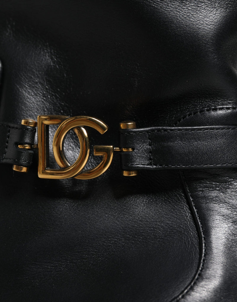 Dolce & Gabbana Black Leather Logo Mid Calf Boots
