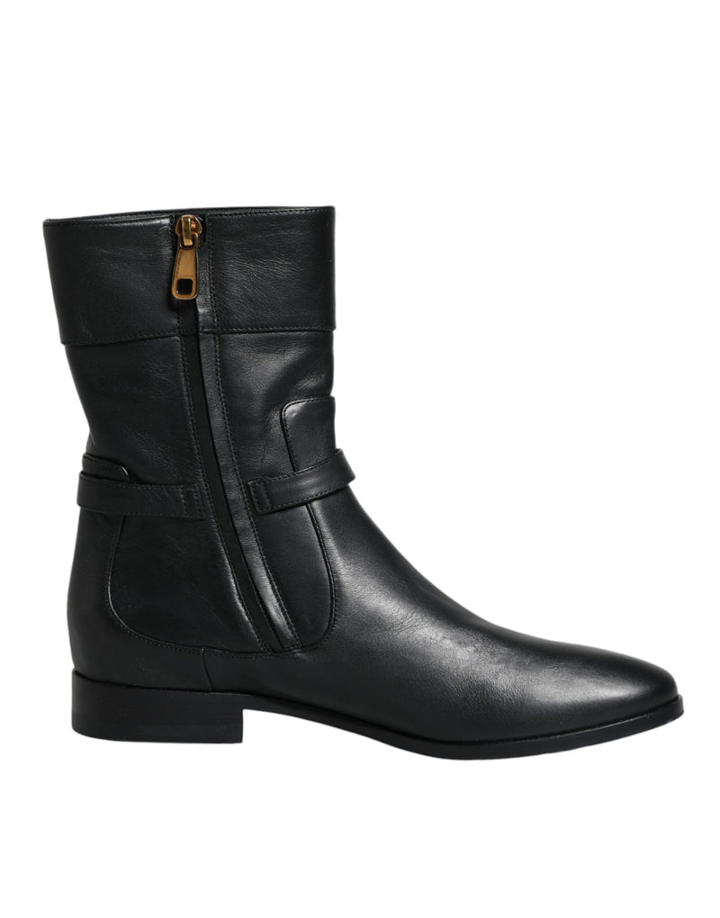 Dolce & Gabbana Black Leather Logo Mid Calf Boots