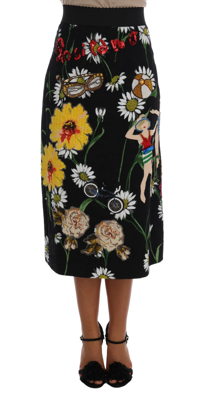 Jupe Dolce &amp; Gabbana noire en brocart à marguerites ornée
