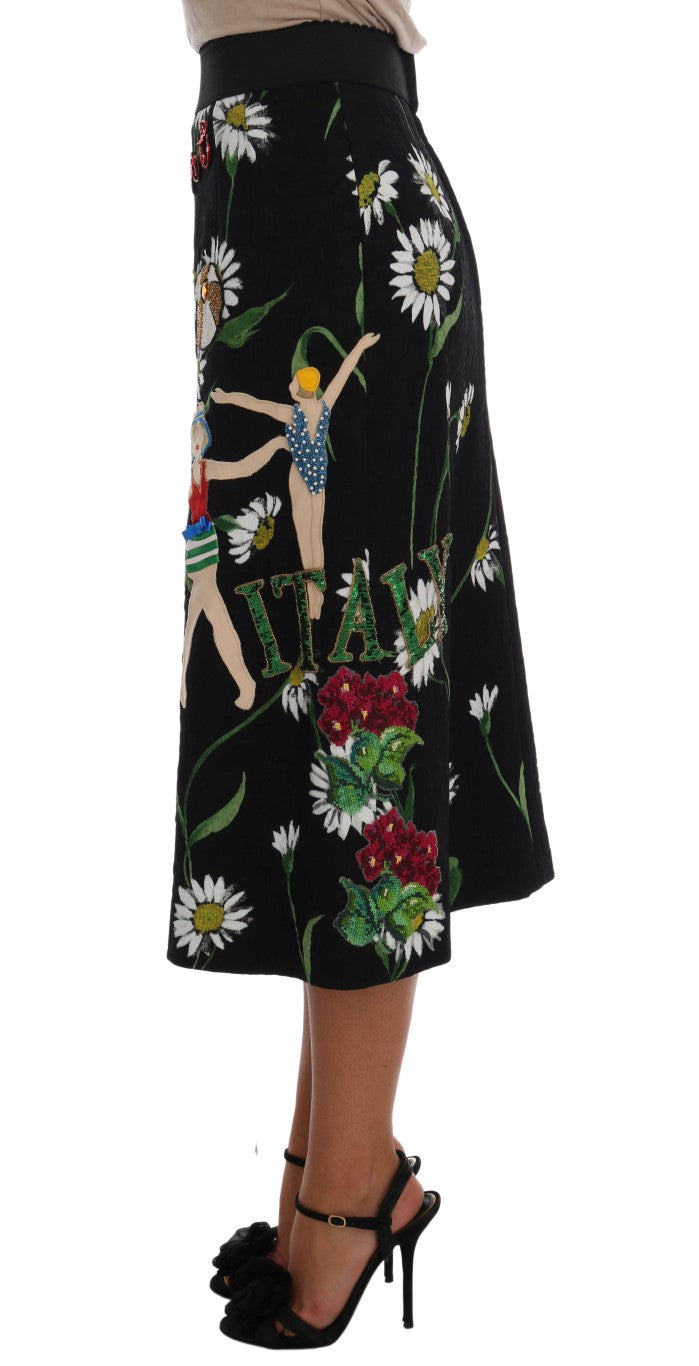 Jupe Dolce &amp; Gabbana noire en brocart à marguerites ornée
