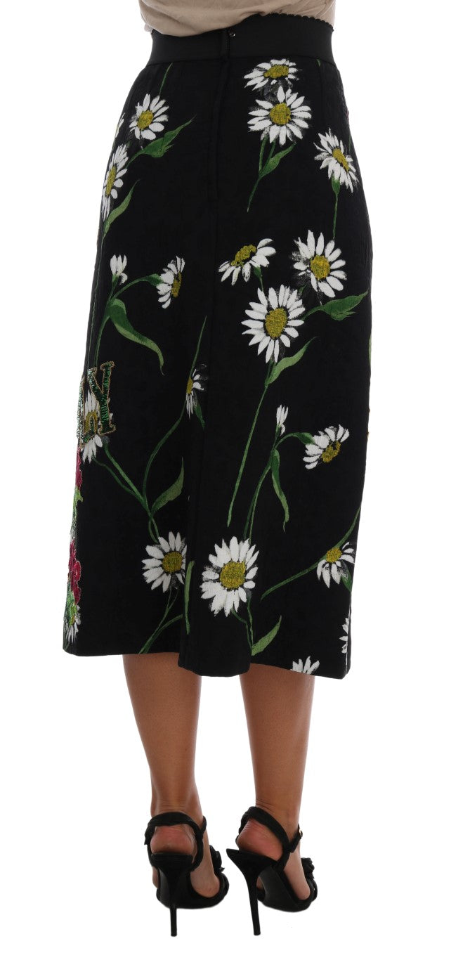 Jupe Dolce &amp; Gabbana noire en brocart à marguerites ornée