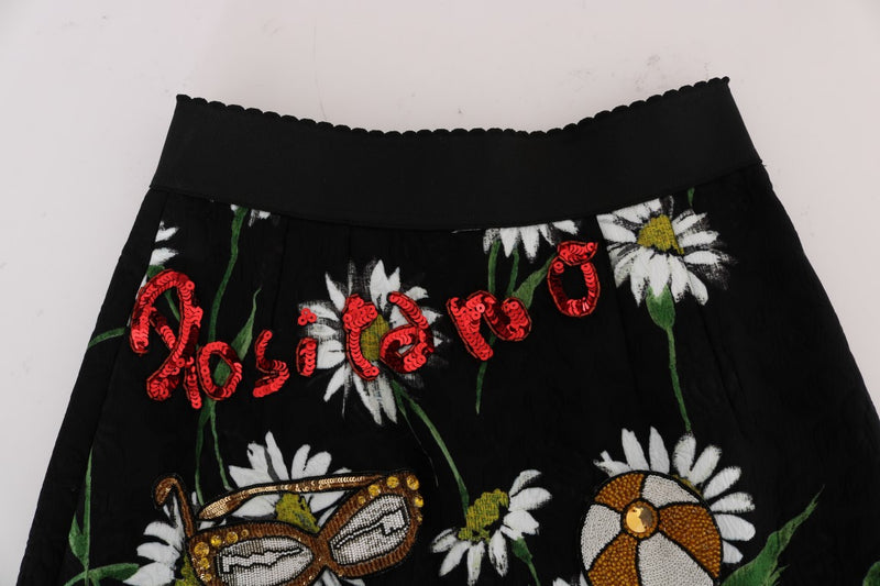 Jupe Dolce &amp; Gabbana noire en brocart à marguerites ornée