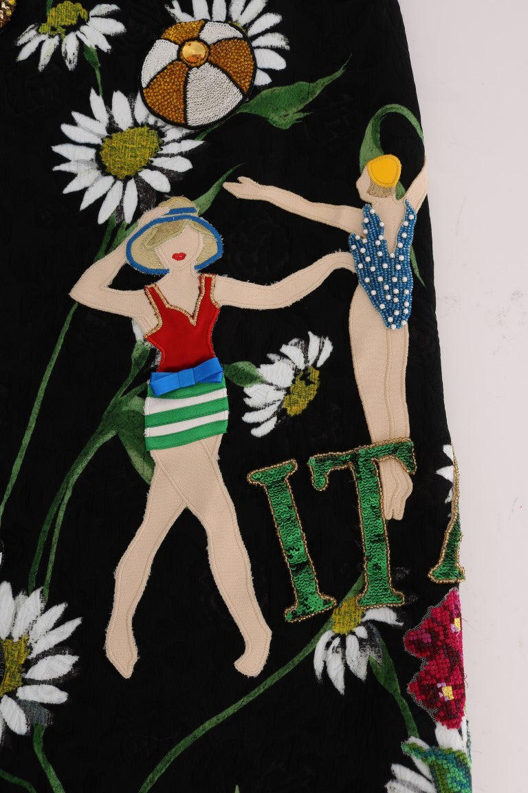 Jupe Dolce &amp; Gabbana noire en brocart à marguerites ornée