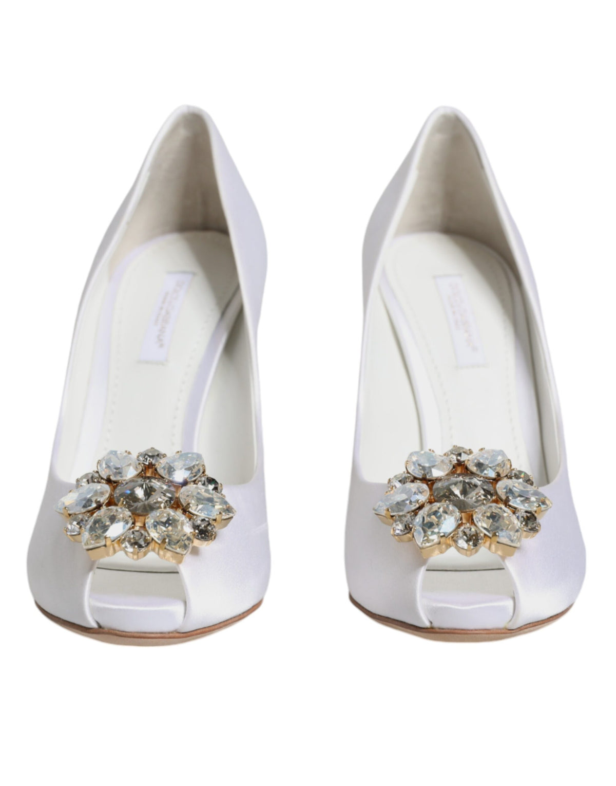 Dolce & Gabbana White Crystals Peep Toe Satin Pumps